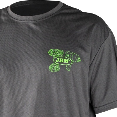 T-shirt cinza escuro com logótipo verde fluorescente JBM e ferramentas elétricas