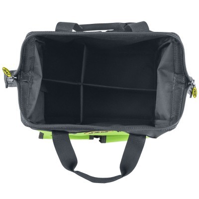 bolsa de ferramenta verde e preta vista por cima com interior dividido