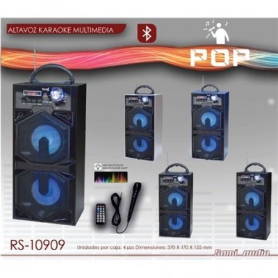 Altavoz karaoke multimedia preto com luzes azuis, microfone, comando remoto e cabo