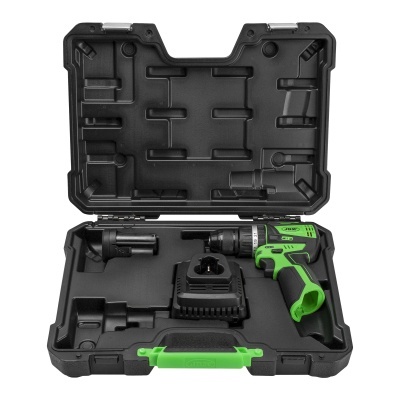 Mala preta aberta com broca elétrica verde e preta, bateria e carregador no interior moldado