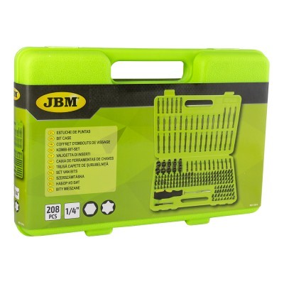 Estojo verde JBM de 208 peças para bits 1/4 com descrição multilíngue