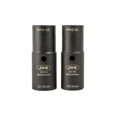 dois soquetes de impacto pretos JBM com medidas 21.5 mm e 19.5 mm sobre fundo branco