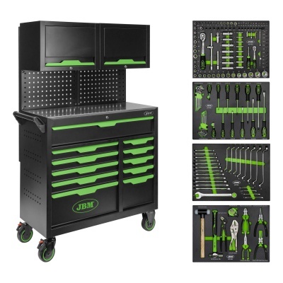 Carrinho de ferramentas preto e verde com conjunto de ferramentas organizadas