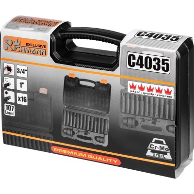 Estojo preto para conjunto de ferramentas RICHMANN com 16 peças e etiquetas informativas