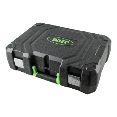 Mala rígida preta com punho verde e fechos metálicos