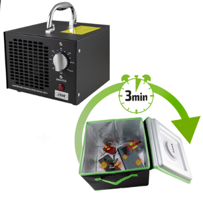 gerador de ozono preto com botão e pega e bolsa térmica preta com ventiladores dentro