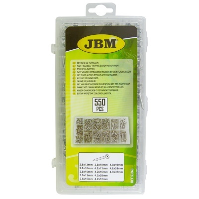 Estojo transparente com 650 presilhas metálicas organizadas e rótulo JBM verde e amarelo