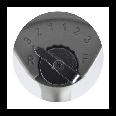 Ponteira metálica cinza com parafuso preto e inscrição 1, 2, 3, R, F