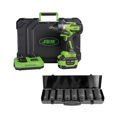 Conjunto de ferramenta elétrica JBM com pistola de impacto, bateria, carregador, mala e caixa de soquetes.