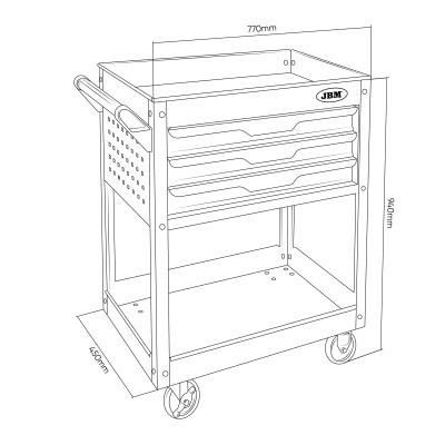 Carrinho de ferramentas metálico com 3 gavetas e rodas