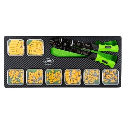 Kit de ferramentas e conectores eléctricos com alicates verdes e pretos