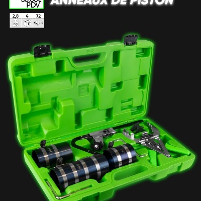 Kit portátil de ferramentas para anéis de pistão numa mala verde com várias peças metálicas
