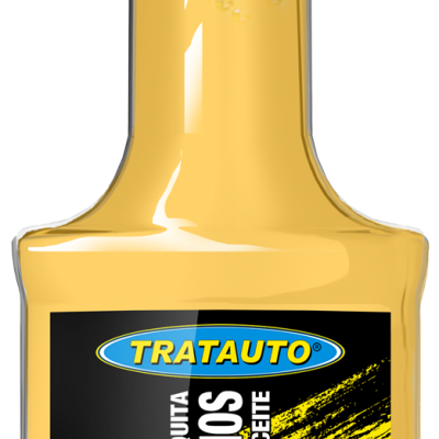 Frasco plástico amarelo com tampa preta e etiqueta preta e amarela com texto em espanhol
