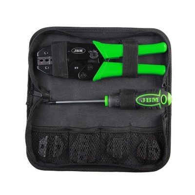 Conjunto de ferramentas compacto com alicate, chave de fenda e acessórios em estojo preto.