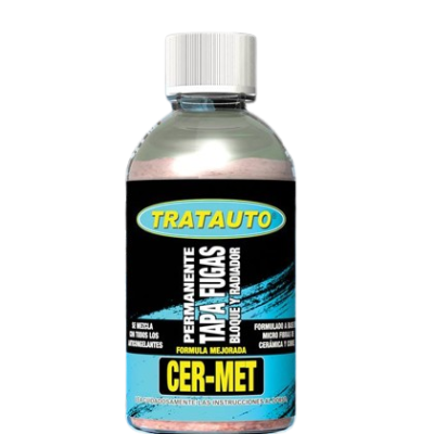frasco transparente com rótulo TRATAUTO CER-MET para radiadores