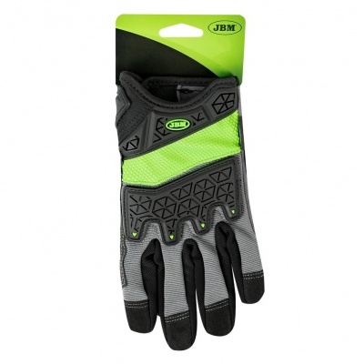 Luva de protecção em tecido cinza, preto e verde fluorescente com logo JBM.