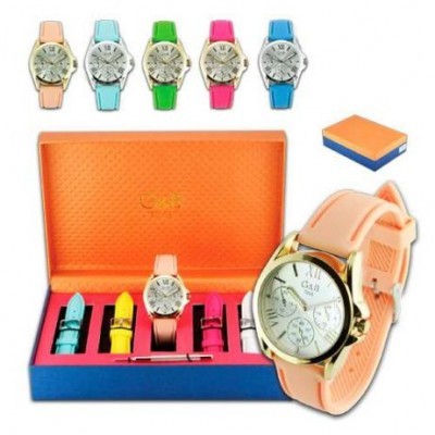 Conjunto de relógios femininos G&Q com braceletes coloridas e estojo laranja