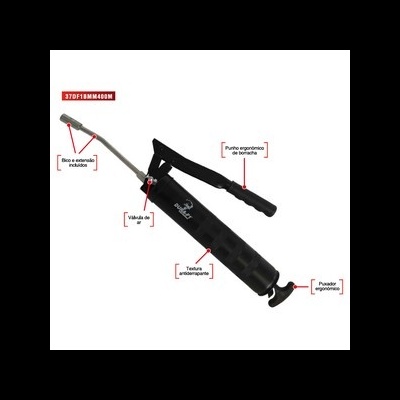 Bomba manual preta com partes rotuladas explicando características