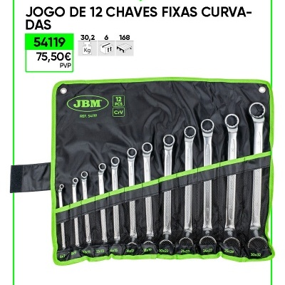 Jogo de 12 chaves fixas curvas em bolsa preta e verde com as chaves organizadas
