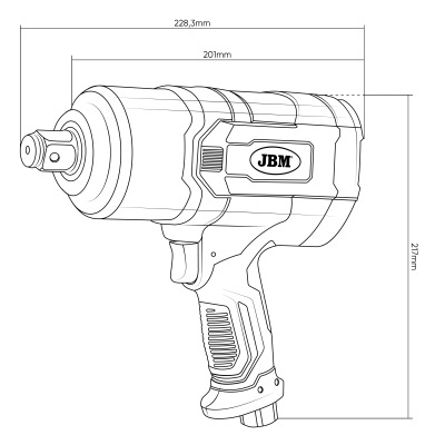 Pistola de impacto pneumática com marca JBM e dimensões indicadas.