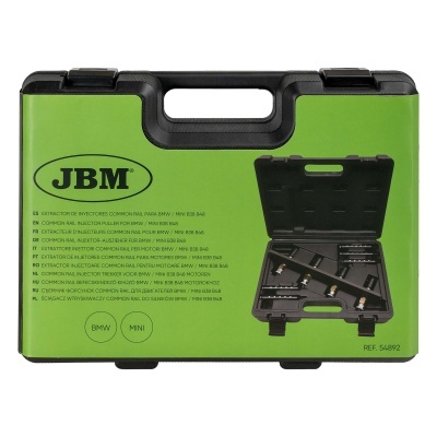 Estojo verde e preto da marca JBM para extrator de injetores Common Rail BMW/MINI