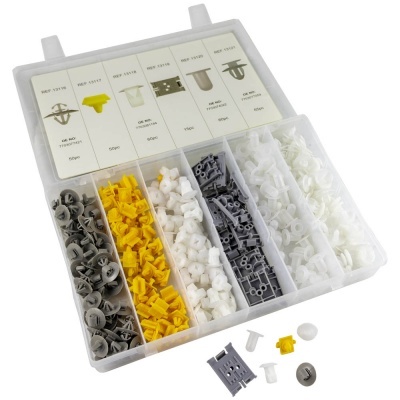 Caixa com clips de instalação para automóveis em várias cores e formas