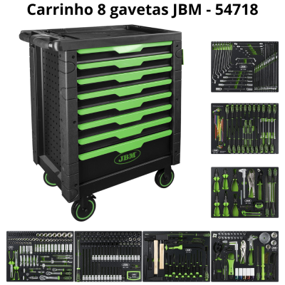 Carrinho de ferramentas preto com 8 gavetas verdes e várias ferramentas organizadas