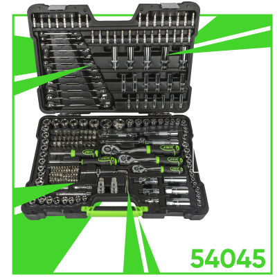 Conjunto de ferramentas com 216 peças e punhos verdes em caixa preta