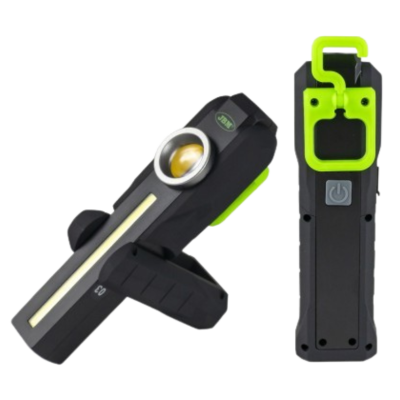 Lanterna portátil preta e verde com LED e botão de ligar