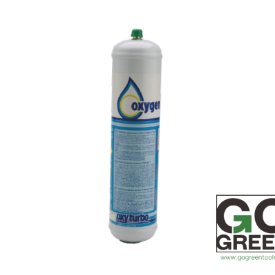 Cilindro branco com rótulo azul e texto 'oxygen' ao lado do logótipo GO GREEN