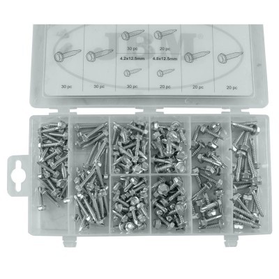 Organizador transparente com múltiplos compartimentos contendo parafusos metálicos prateados de vários tamanhos