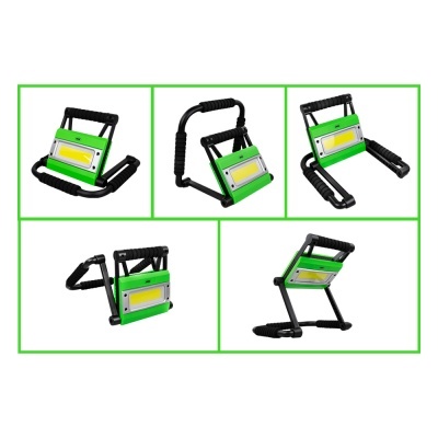 Lâmpadas portáteis verdes e pretas com estrutura metálica e cabo antiderrapante em várias posições