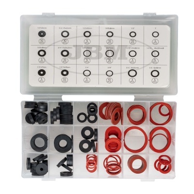 Caixa transparente de anilhas de borracha e cortiça em vários tamanhos e quantidades.