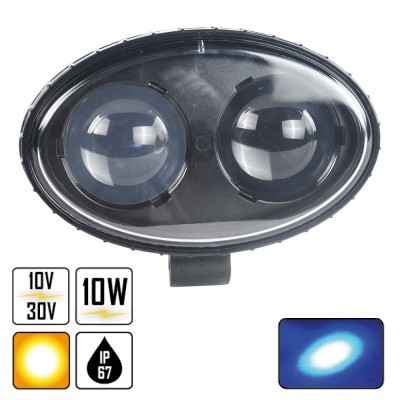 luz LED oval preta com duas lentes transparentes e ícones de especificações