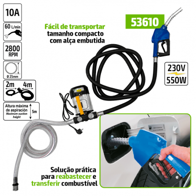 Bomba de combustível portátil com mangueira e detalhes azuis, texto técnico e imagem de abastecimento automóvel