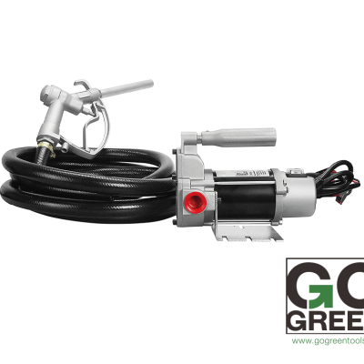 Bomba elétrica preta com pistola metálica e mangueira enrolada à esquerda, logo GO GREEN e endereço do site no canto inferior direito