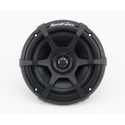 Coluna de som preta redonda com texto PHOENIX GOLD