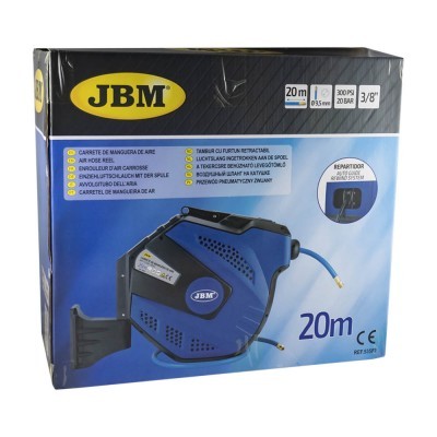 Caixa azul e preta com carretel de mangueira de ar JBM de 20 metros
