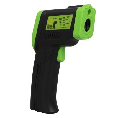 Termómetro infravermelho portátil preto com detalhes verdes