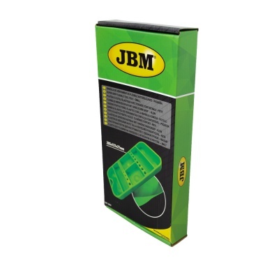 Embalagem verde e preta do produto JBM com ilustração de caixa organizadora verde