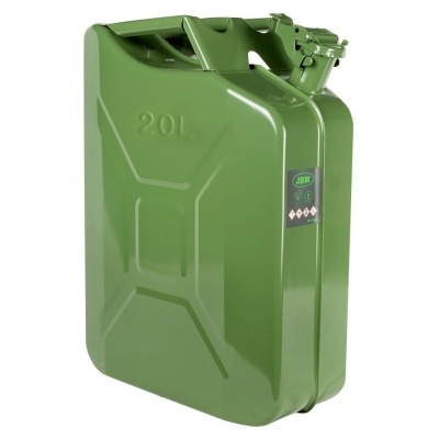 Jerrican metálico verde de 20L com tampa e etiqueta preta