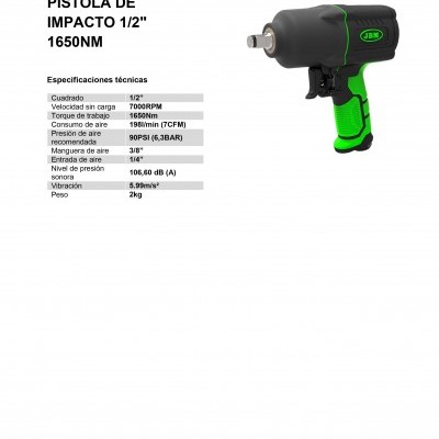 Pistola de impacto preta e verde JBM com ficheira técnica