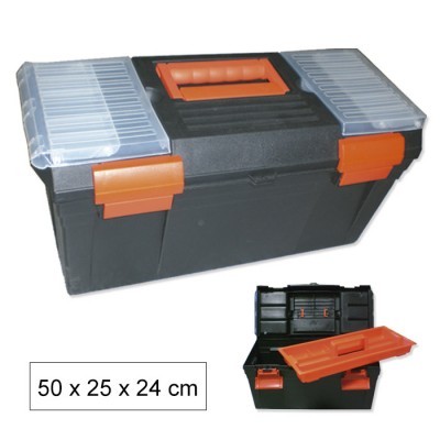 Caixa de ferramentas preta com fechos laranja e tampas transparentes para pequenos compartimentos no topo.
