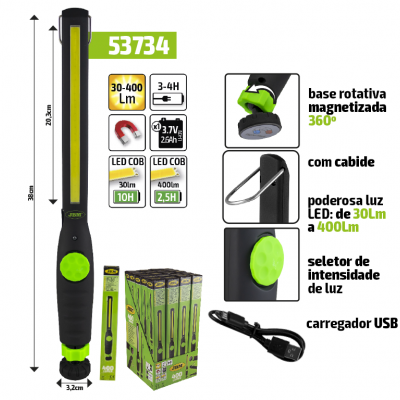 Lanterna LED COB preta e verde com base magnetizada, cabide, seletor de luz e carregador USB