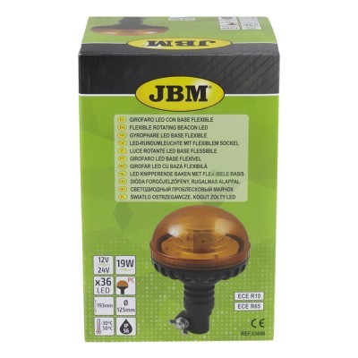 Caixa de luz rotativa LED JBM verde e preta com texto multilingue