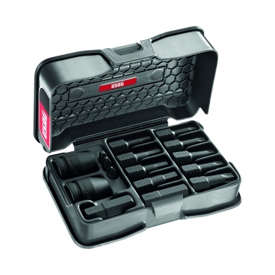 Conjunto de acessórios para ferramentas USAG em estojo preto aberto