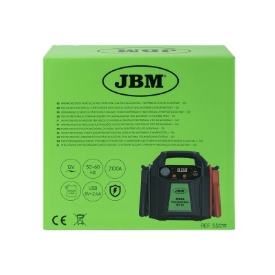 Embalagem verde para arrancador multifunções JBM com texto e imagem do produto