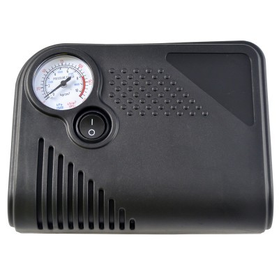 Compressor de ar portátil preto com manómetro analógico e botão liga/desliga.