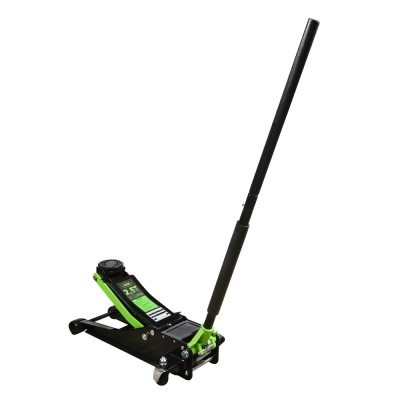 Macaco hidráulico de chão preto e verde com alavanca longa preta