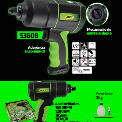 Chave de impacto pneumática JBM 53608 verde e preta com embalagem e acessórios